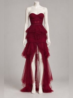Michael Costello x Revolve Burgundy Corset Ruffle Tulle Gown Holiday Dress XS
